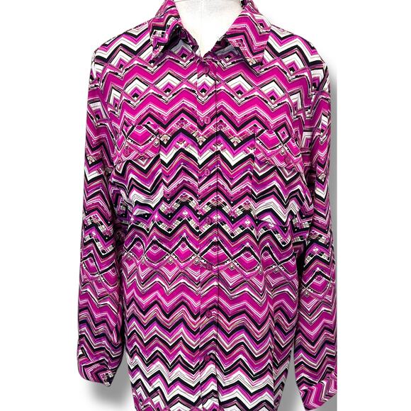 Kim Rogers Curvy Womens 3X Long Sleeve Button-Up Chevron Zigzag Print Blouse - Picture 2 of 9